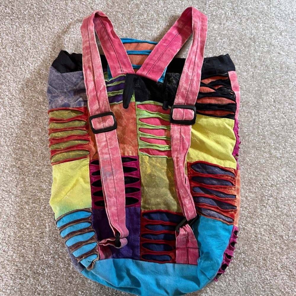 Patchwork Backpack Hippie Boho Drawstring Peace S… - image 7